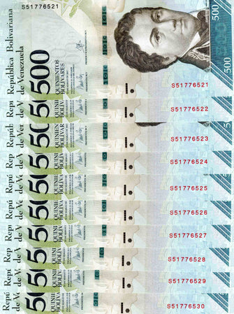  Venezuela 500 Bolivares ( S51776521 - S51776530 ) 10 Banknotes