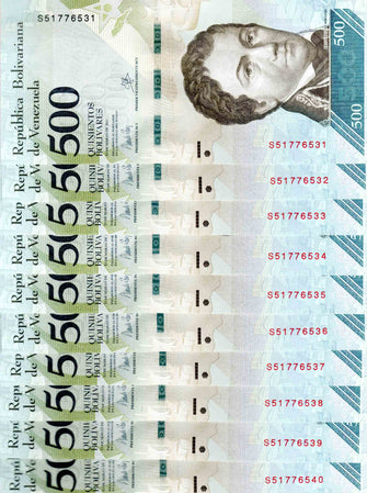  Venezuela 500 Bolivares ( S51776531 - S51776540 ) 10 Banknotes