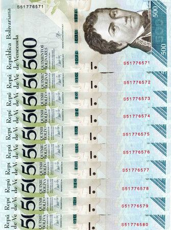  Venezuela 500 Bolivares ( S51776571 - S51776580 ) 10 Banknotes
