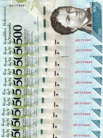  Venezuela 500 Bolivares ( S51776591 - S51776600 ) 10 Banknotes
