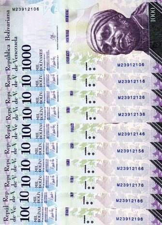  Venezuela 1000 Bolivares ( M23912106 - M23912196 )10 Banknotes