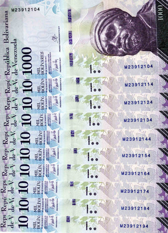 Venezuela 1000 Bolivares ( M23912104 - M23912194 )10 Banknotes