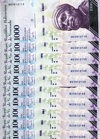  Venezuela 1000 Bolivares ( M23912110 - M23912200 )10 Banknotes