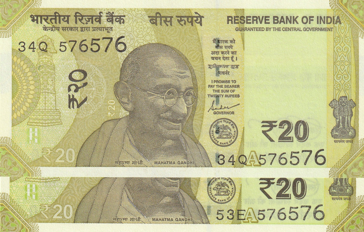 Indian 20 Rupees Triple Number Note UNC Banknote (2 pcs ...