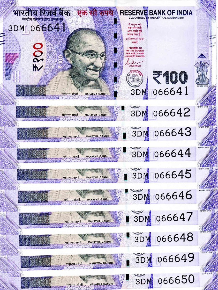 India 100 Rupees Governor -Shaktikanta Das Fancy No 066641 - 066650 Ba ...