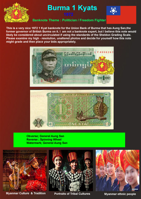 Kyat Banknote Collection Burma 1 Kyat 1972 Sheets Information with Real 2 Banknotes ...