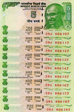 India 5 Rupees Governor D. Subbarao Semi Serial Number 39A 806107-39A 806197 Banknote
