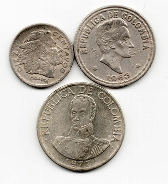 Colombia Variety Of 3 Coins (1 Peso, 20 Centavos, 10 Centavos)
