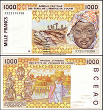 West African Ivory Coast 1000 Francs B116A (P111A) Used Banknote