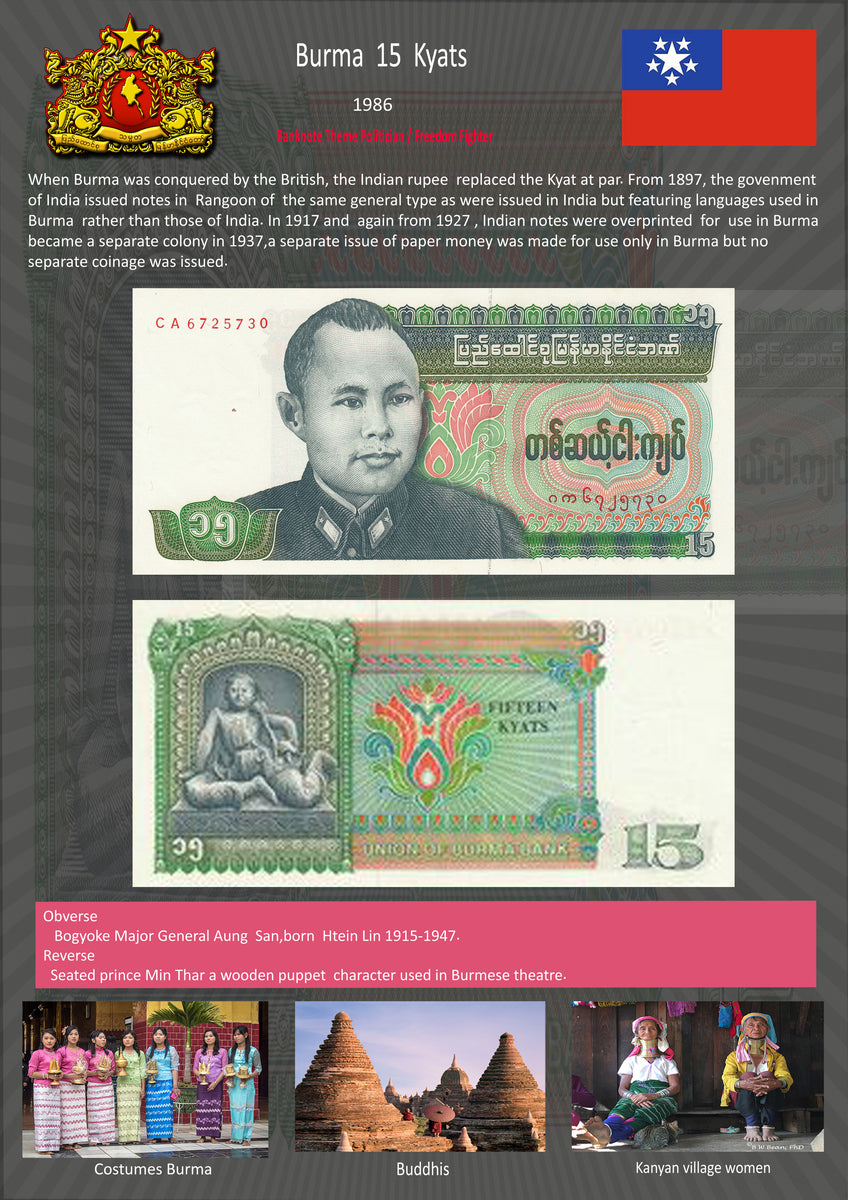 Burma 15 Kyats 1986 Sheets Information with Real 2 Banknotes ...