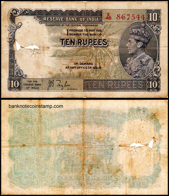 British India 10 Rupees Governor J.B.Taylor Used & Damaged Banknote